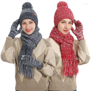 Berets 2022 Fashion Luxury Women Winter Hat And Scarf Gloves Set Knitted Warm Ladies Red Grey Blue White Scarves For Christmas Gift