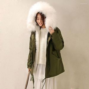 Kadın Trençkotları Kadın Kış 2022 Ordu Yeşil Ceket Kalın Parkas Rakun Kürk Yaka Kapşonlu Dış Giyim CC308
