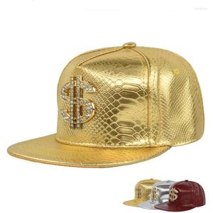 Bollm￶ssor Hip-Hop Men's and Women's Hats Flat Brim Baseball Metal Pu Leather Label Personlighet Stage Performance Net Cap