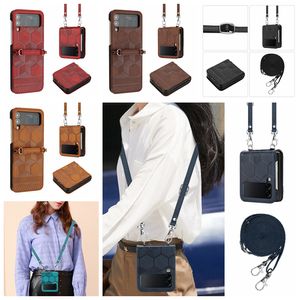 ZFlip4 Football Folding Leather Cases For Samsung Galaxy Z Flip 4 3 Flip4 Flip3 ZFlip3 Business Wallet Print Ball Grain Phone Cover PC Pouch Crossbody Shoulder Strap