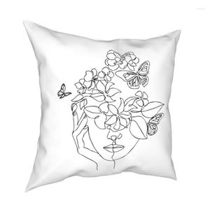 Cuscino Volto astratto con fiori di One Line Drawing Case Ritratto Schizzo Copre Federa decorativa per la casa 18'