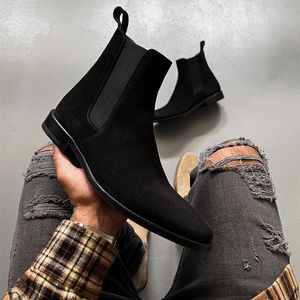 Men Chelsea Boots Black Flock Business Handmade Ankle Slip on Comfortable Fashion