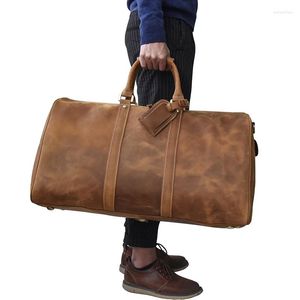 Duffel Bags Pooloos Crazy Horse Leather Travel Bagage Bag tot inch Duffle Vintage Weekender van mannelijke mannen