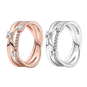 Anel de banda tripla de prata esterlina autêntico, joias de designer de casamento para pandora, anéis de amor de ouro rosa com conjunto de caixa original