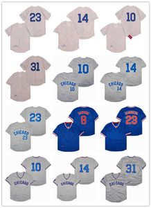 Camisas de beisebol Ryan Sandberg 23 Ernie Banks 14 Santo 10 Dawson 8 Maddux 31 Jersey White Azul cinza cor dos homens aposentados costurados