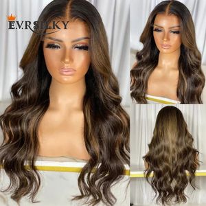 Glueless Middle Full Lace Human Hair Wigs 200Density Highlight Brown Natural Hairline Pre Plucked 13x6 spetsar fr￤mre peruker