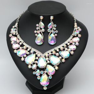 Jewelry Sets Luxury AB Crystal Statement Bib Necklace Big Drop Earrings Bridal Wedding Costume Accessories For Bride Women Gifts