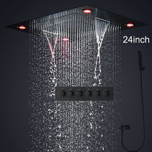 2022 Set doccia di lusso nero Soffione da bagno incorporato Soffione a LED con valvola termostatica Miscelatore da bagno 5 funzioni Sistema di rubinetti