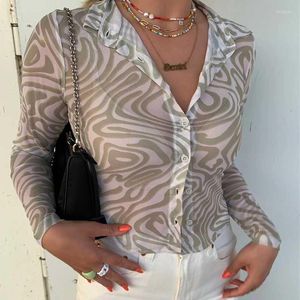 Women's Blouses Women See Through Printed Shirt Long Sleeve Deep V-neck Single Row Button Access Control Tops For Spring Autumn