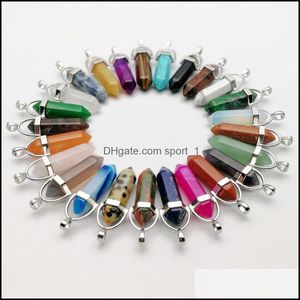 Чары Sier Color Metal Metal Stone Pillar Pendum Charms Chakra Hexagonal Prism Healing Crystal Point Points для NEC Sport1 DHFWZ