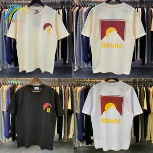 Men's T Shirts Hip Hop Loose Moonlight Rhude T-shirt Men Women 1 Tags 100% Cotton Sunset Printing White Apricot Top Tee
