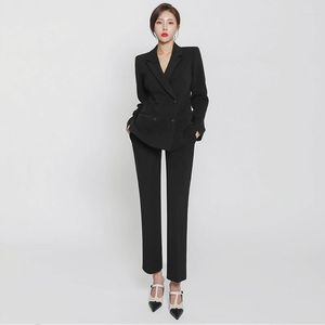 Clothing Sets Autumn And Winter Women's Blazer Jacket Casual Solid Color Double-breasted Pocket Decorative Coat Black White Big MM Suit
