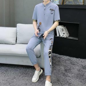 Men's Tracksuits 2022 Men's Summer Loose Embroidery Tang Suit Chinese Style Half Sleeve Casual Cropped Pants Male Sets M-5XL TZ985