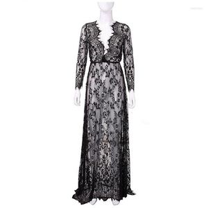 Womens Sleepwear Ladies Long Gowns Black Lace See Though Deep V Ropa Sexy Para El Sexo Lingerie Porno Night Dress Nightgown Sleep Wear TC61