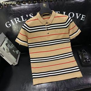 Men's knitted POLO shirt autumn lapel short sleeve sweater stripe contrast color tide brand large size sweater half sleeve