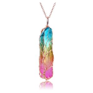 Pendanthalsband Jovivi Tree of Life Titanium Coated Rainbow Rock Quartz Chakra Crystal Necklace Copper Wire Wrapped Irregar Rough Hea Amqxb