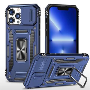 衝撃プルーフレンズ保護スライダードア携帯電話ケースリングホルダーキックスタンドコンボIPhone 14 Pro Max 13 12 11 XR XS 8 7カバーB2