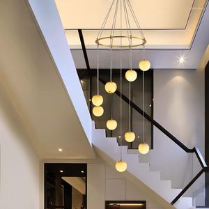 Pendant Lamps Nordic Led Staircase Light Marble Ball For Living Room Bedroom Kitchen Home Decor Golden Luster Long Stair Hanging Lamp