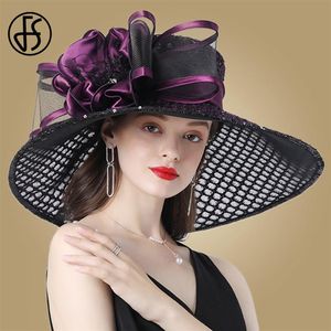 Organza Şapkaları toptan satış-FS Mor Bayanlar Büyüleyici Şapkalar Düğün Kentucky Derby Şapkaları Kadınlar için Çiçek Şapkaları Büyük Geniş Brim Fedora Organza Şapka Kilisesi E