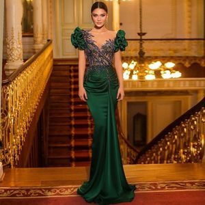 Abiti da sera classici a sirena verde maniche a sbuffo con scollo a V in raso lunghezza del pavimento scintillanti applicazioni di perline paillettes celebrità vintage plus size abito da ballo per feste