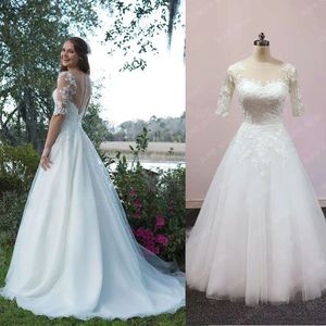 Imagem real 2022 lindo vestido de noiva Bateau decote 1/2 apliques de manga longa vestidos de noiva feitos personalizados