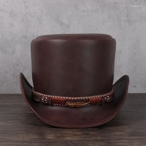 Berretti Cappello a cilindro in pelle 100% Donna Uomo Presidente Cappelli stile Fedora e borsalino piatto Magic Steampunk Cappellini per feste Cosplay 3 dimensioni 13 cm