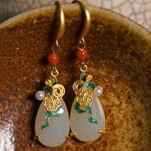 Dangle Earrings Designer Original Ethnic Style Pearl Enamel Porcelain Water Drop For Women Natural Hetian Jade Luxury Silver Jewelry