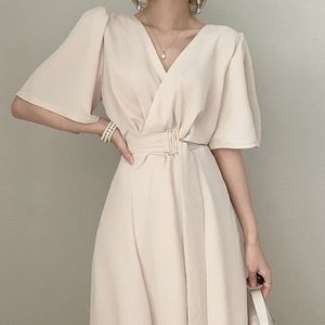 Sukienki swobodne Eleganckie kobiety wiosna letnia pasek Sundress moda v szyja długie rękaw białe krótkie koszulę biuro dama vestidos szatę femme 220829