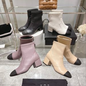 Designer Damen Lederstiefel Herbst Winter Rindsleder Chunky Heels Marke Dreieck Zehen Schwarz Weiß Mode Stiefel Riemen Box 35-41