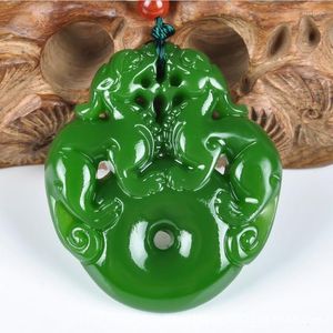Pendant Necklaces Natural Nephrite Jades Green Hand Carved Hollow Lucky PIXIU Necklace For Men And Women Dropship