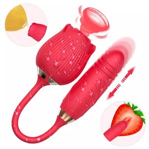 Massage Rose Sucking Vibrator 10 Speed Clit Sucker Nipple Oral Stimulator with Telescopic Vibrating Dildo Masturbation Sex Toy for Women