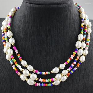 Chains 5pcs/lot Ranibow Beads With Pearl Necklace Colorful Small Charm Chic Freshwater Combination Jewelry