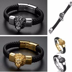 Link Bracelets 8.66" 15mm Mens Gold Silver Color Lion Heads Stainless Steel Black Leather Bracelet Men Wristband Banlges Jewelry