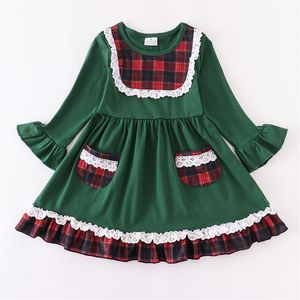 Occasioni speciali Girlymax Natale Neonate Abbigliamento per bambini Cotone di seta di latte Plaid verde Tasca con volant Abito al ginocchio Manica lunga 220830