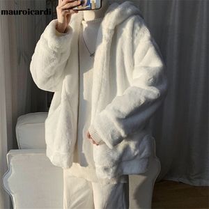 Herenjassen Mauroicardi Winter Oversized witte faux bontjas met kap met lange mouwen Zipper Casual losse donzige jas voor stijl 220830