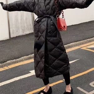 Womens Down Parkas Winter Black Long Coat Cotton Padded Jacket Korean Casual Loose Street Style Belt Oversize 220830