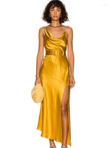 Altın Kemer Elbiseler toptan satış-Sıradan elbiseler yüksek kaliteli pist moda altın renkli kadınlar Saten Seksi Kemer Bodycon Orta Kalf Elbise Zarif Akşam Partisi Kıyafet