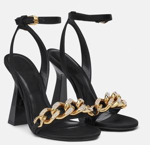 Metal Chunky Chain Sandals Stiletto High Heels Back Zipper Ankle Strap Solid Color Cover Heel Sexy Women Shoes Modern