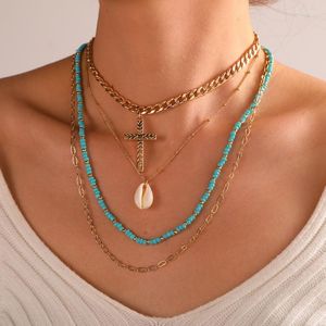 Choker Einfache Quaste Shell Rocailles Strang Halskette Frauen String Perlen Kurz Multi Layer Gold Kreuz Schmuck Geschenk