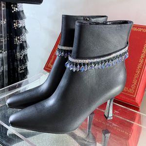 패션 발목 부츠 크리스탈 램프 장식 여성 신발 최고의 품질의 작은 스퀘어 헤드 하이힐 하이힐 고급 디자이너 100% 코즈 피부 여성 부츠 35-42