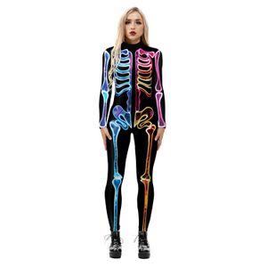 Catsuit Kostüme Damen Sexy Bodycon Bodysuit Damen Halloween 3D-gedrucktes Skelett Skinny Jumpsuit Stretch Buntes Cosplay Kostüm