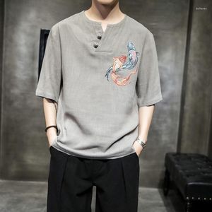 Ethnic Clothing 2022 Summer Chinese Style Embroidery Cotton Linen Half Sleeve Shirt Men'S Harajuku Plus Size Pullover Thin Blouse 30468