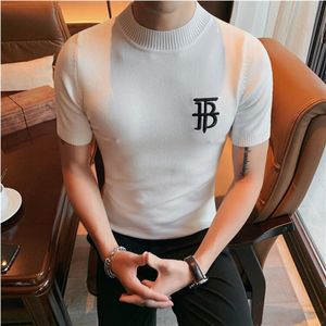 Suéter masculino estilo britânico de alta qualidade para homens manga curta suéter de malha/masculino slim fit o-pescoço carta impressão camisa de malha homme S-4XL