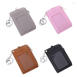 Card Holders Fashion Women Men Portable Leather Business ID Credit Badge Holder Coin Money Purse Wallet With Keychain 4 Color