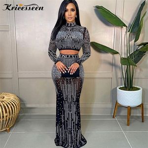 Vestido de duas peças Kricesseen Sexy Mesh Drilling See através do conjunto de saia Mulheres de manga longa de cristal e maxi ternos de roupas clubes 220830