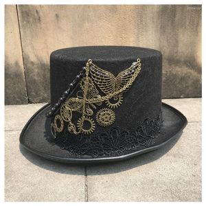 Berretti Cappello a cilindro Steampunk fatto a mano di fascia alta con ingranaggi in metallo per uomo Donna Bombetta magica Taglia 57 cm