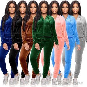 Kvinnor Velvet Tracksuits Hooded 2 -stycken Set Hoodies Velor Jackets och Sweatpant Jogging Suit