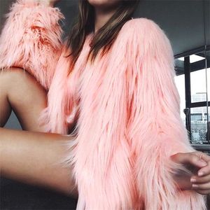 Moda falsa de pele feminina Ry Coat Women Women Fluffy quente Manga longa fêmea de roupas de inverno Autumn Jacket Hairy Sem Collarless 220830