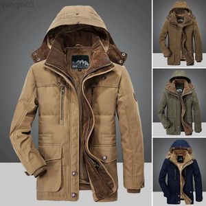 Męskie Parkas Męskie kurtki męskie płaszcz solidny kolor Faux Fur Liner Zima zagęszcza się odłączana w połowie wieku do codziennego zużycia L220830 Z240606