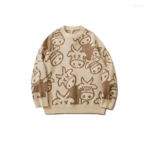 Men's Sweaters Sweater Men Harajuku Fashion Knitted Hip Hop Streetwear Cartoon Cow Print Pullover O-neck Oversize Casual Male W2306